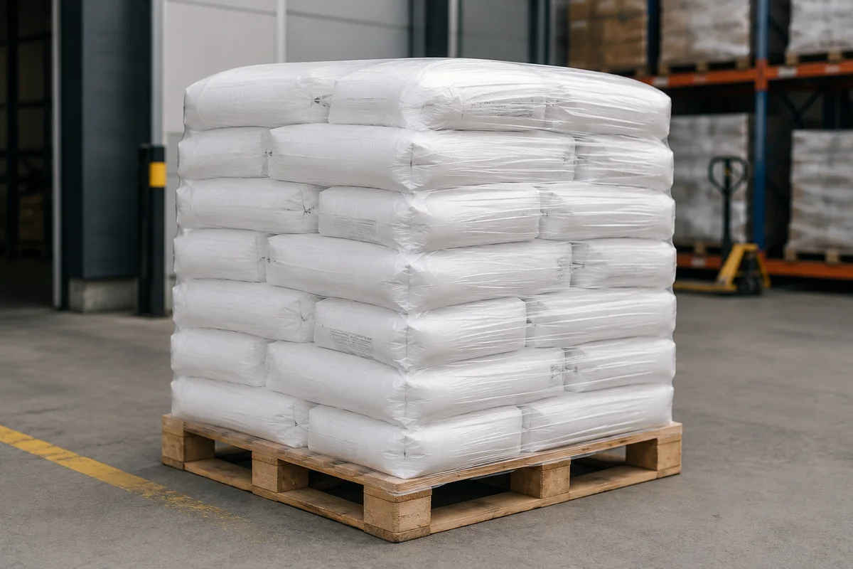 Pallet con sacos industriales de cargas y tixotrópicos preparado para despacho