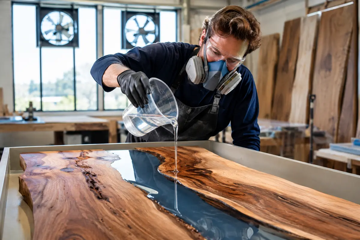 Escena referencial de aplicación de resina epóxica en una mesa de madera