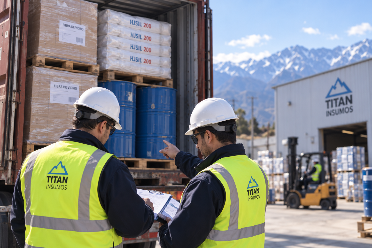 Equipo de TITAN Insumos supervisando la recepción logística de productos químicos e insumos industriales